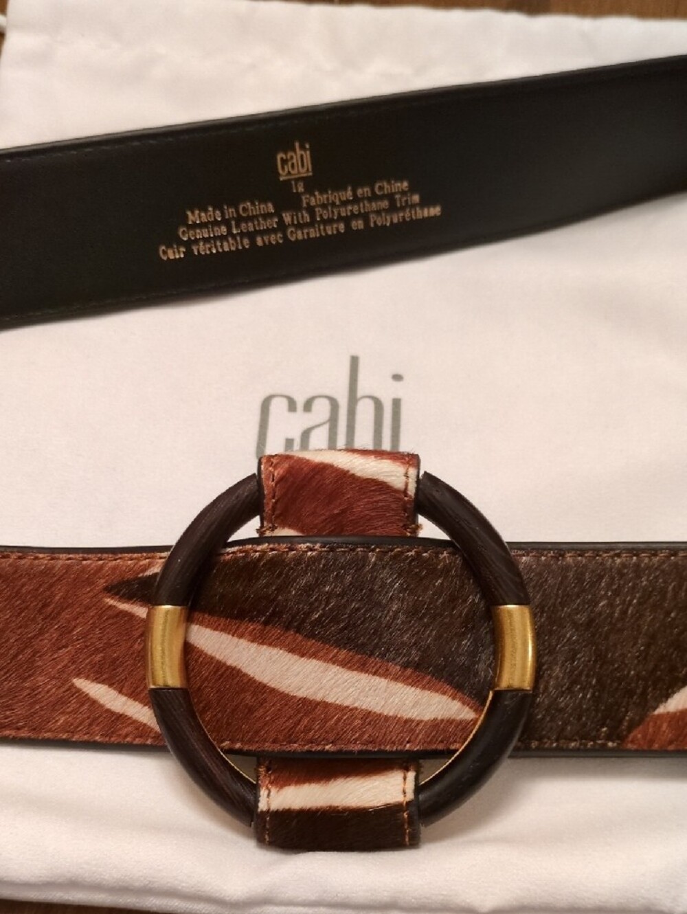 Women's Brown and White Genuine Leather Belt with Circular Buckle